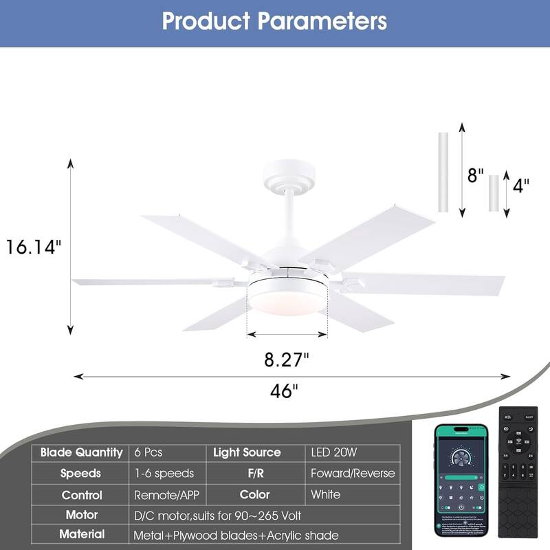 46" and 52" Modern Quiet Ceiling Fan with LED,Downrod Ceiling Fan with Light