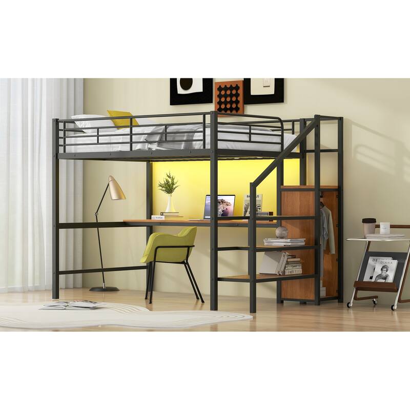 Full Size Metal Loft Bed with Desk, Storage Staircase, Small Wardrobe, and LED Light