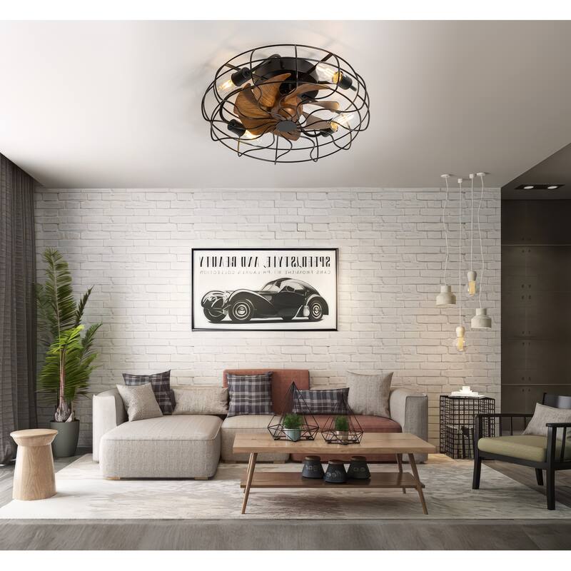 19-Inch Indoor Metal Cage Ceiling Fan with Light Kit and Remote