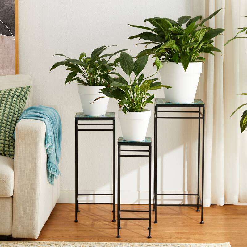 Glitzhome Set of 3 Metal Nesting Planter Stands Square Plant Holder with Green Pattern Ceramic Tiles Table Top
