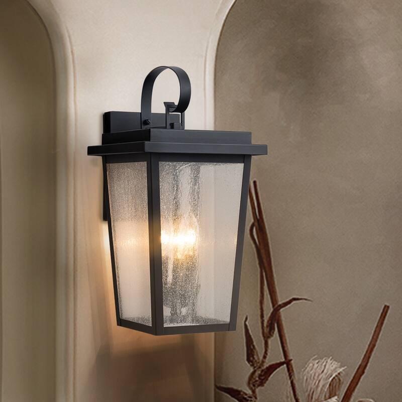Large Black Outdoor Wall Sconce with Seeded Glass