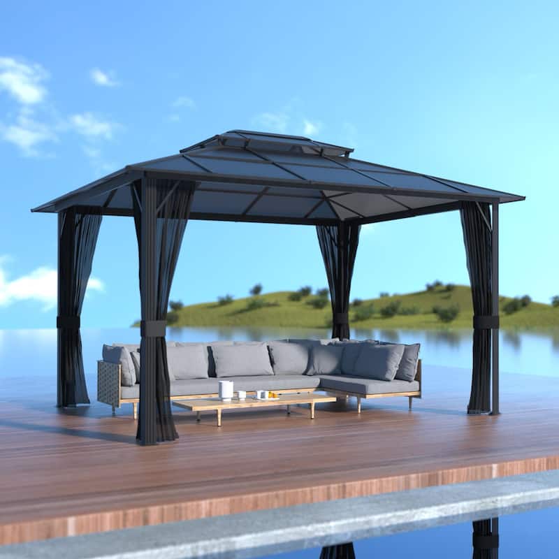 VEIKOUS 13' x 10' Outdoor Double Hardtop Gazebo for Patio with Netting - Black