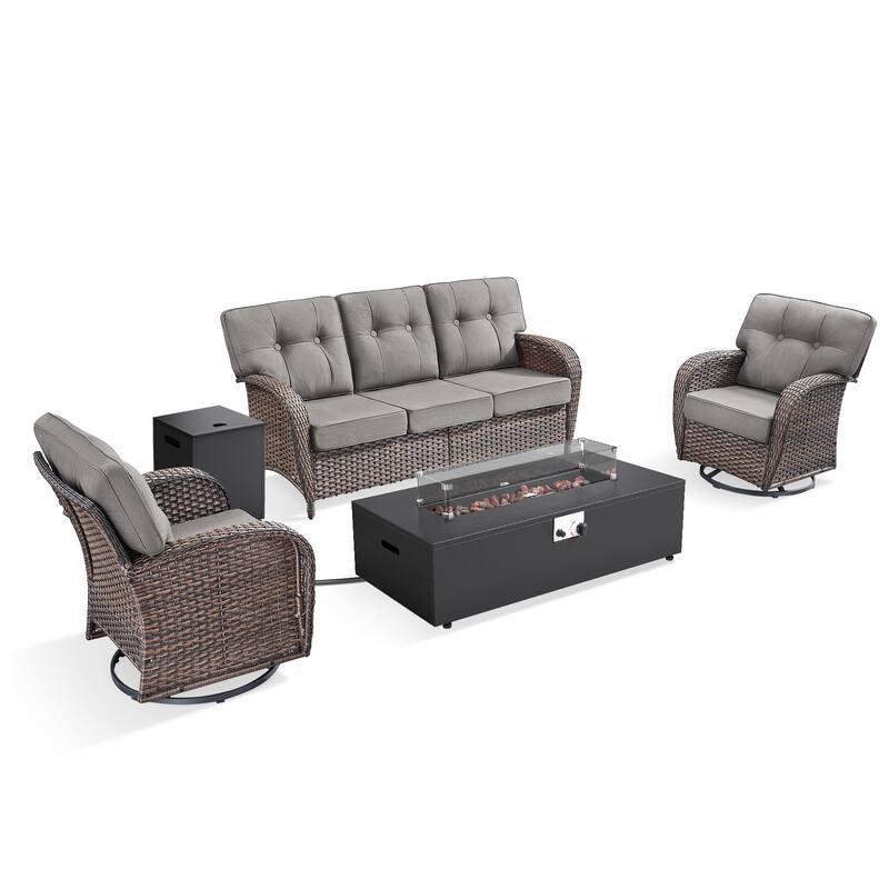 Pocassy 43 In Fire Pit w/ Outdoor Sofa Swivel Chair Ottoman Set