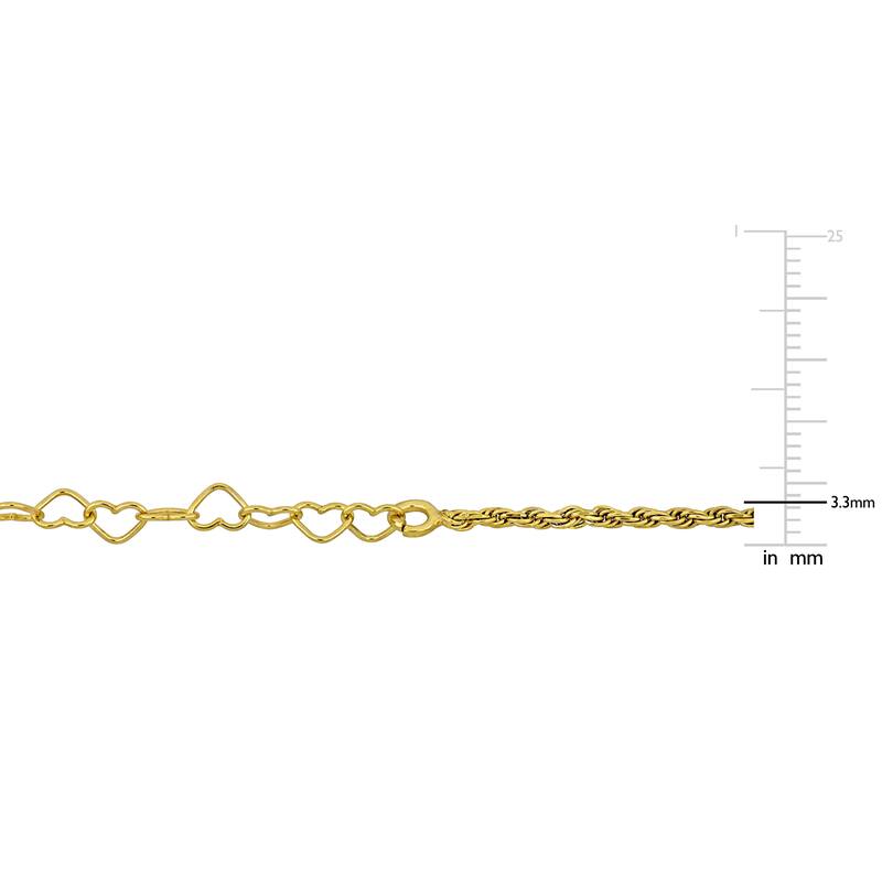 Miadora 3.3mm Heart Link and Rope Chain Bracelet in Yellow Plated Sterling Silver-7.5 in+1 ext