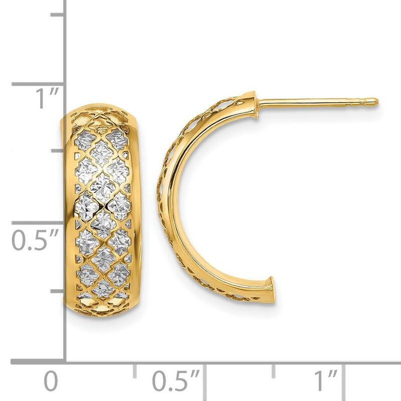 Curata 14k Yellow Gold White Rhodium Polished and Diamond cut J hoop Earrings - 19.57x19.72mm