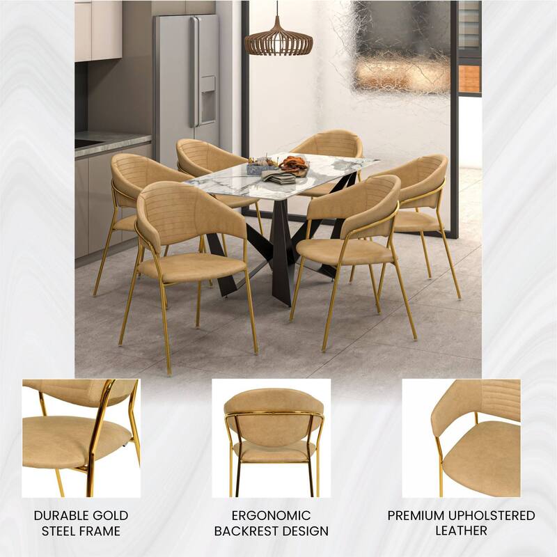 LeisureMod Set of 2 Bella Modern Dining Chair Upholstered in Leather or Velvet & Gold Base for Home Office Kitchen