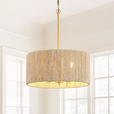 Jillian 4-Light Rattan Drum Chandelier Light with Brass Canopy - 18'' W