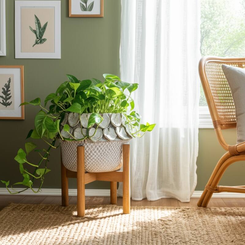 Stoneware Planter with Sculpted Leaf Accents and Textured Detailing