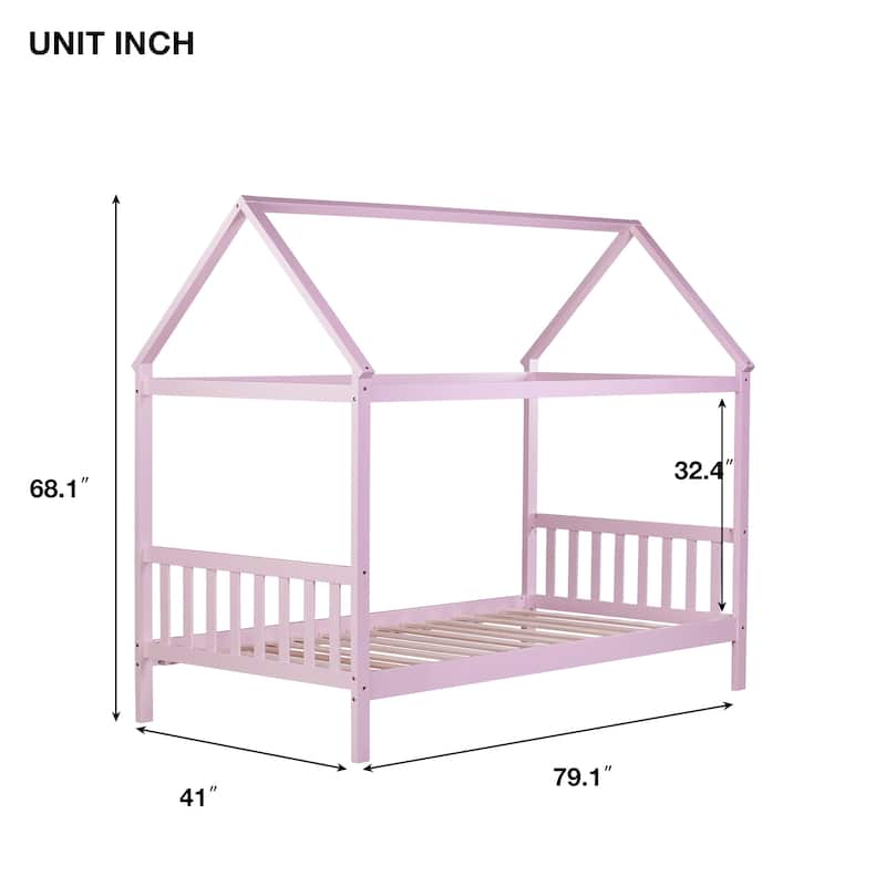 House Bed with Headboard and Footboard, Twin Rubber Wood Bed with House Frame