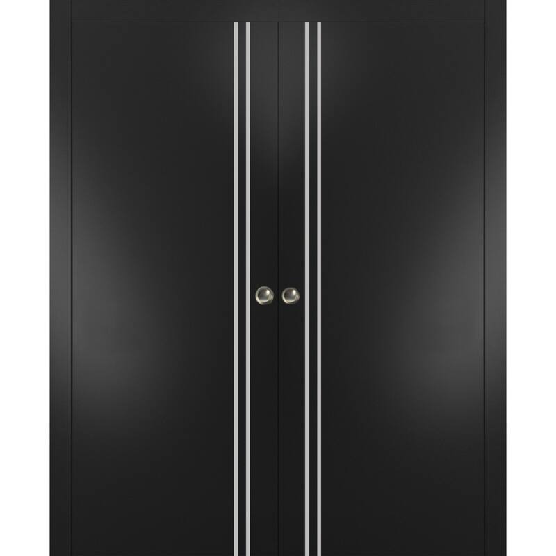 French Double Pocket Doors 36x80 Planum 0310 Matte Black Kit Trims Rail - Black - 56" x 80" ( 2* 28x80)