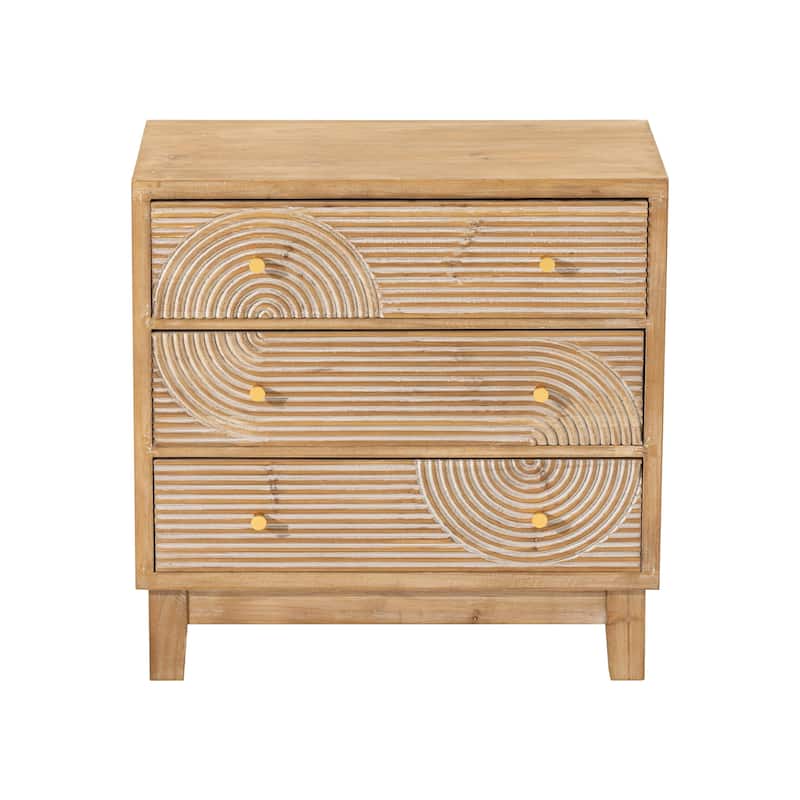 COZAYH 3-Drawer Farmhouse Dresser with Handicraft Wood Ring Motif, Rustic Nightstand Wooden Finish, Boho, Natural Wood