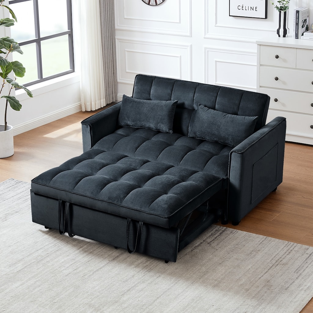 3 in 1 Convertible Sleeper Sofa Bed, Adjustable Backrest, Velvet Loveseat Futon with Pillows & Pockets