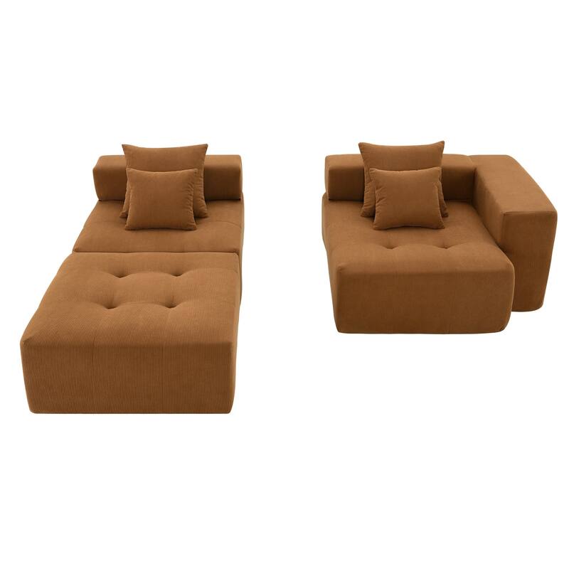 L-shaped corduroy upholstered sectional sofa with ottoman