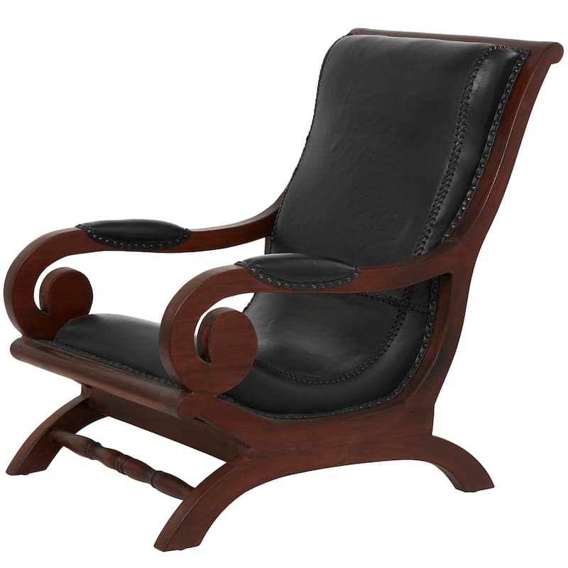 Leather Handmade Accent Chair with Ottoman with Scrolled Wood Arms and Arched Legs - Brown or Black - Roche River Decor