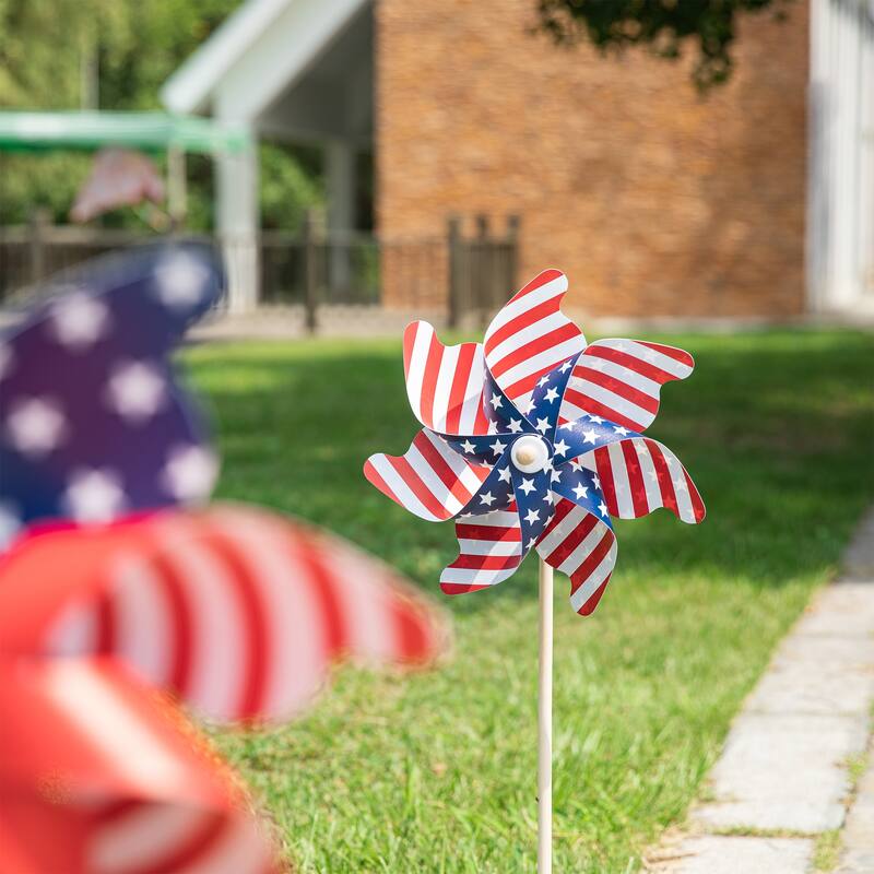 Glitzhome 32"H Set of 3 Plastic Stars&Stripes Patriotic Americana Windmills