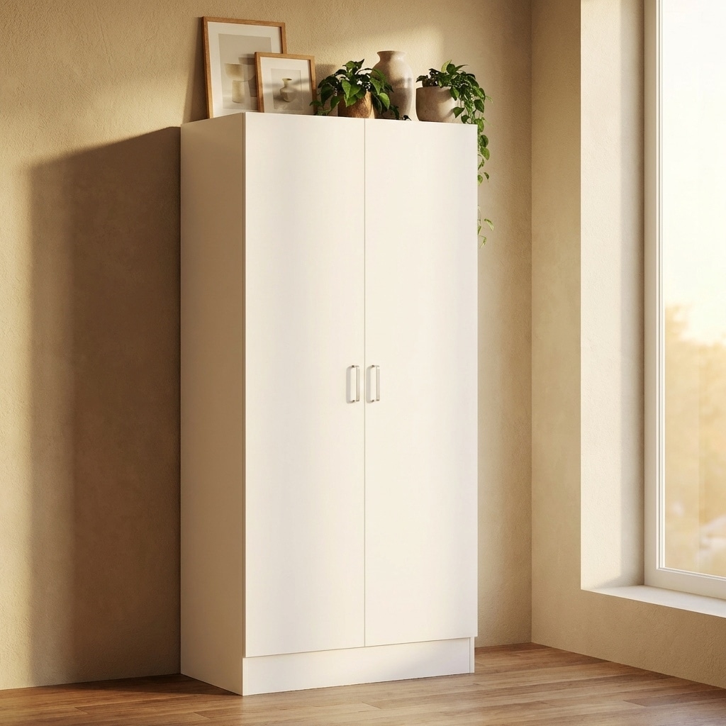 Small Wardrobe Closet with Hanging Rod, Freestanding Armoire Cabinet Space Saving Storage Organizer White