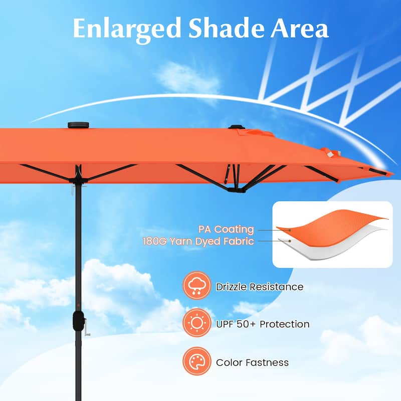 Large 13 Feet Double-Sided Outdoor Patio Umbrella with LED Lights and UV Protection Included Weighted Base
