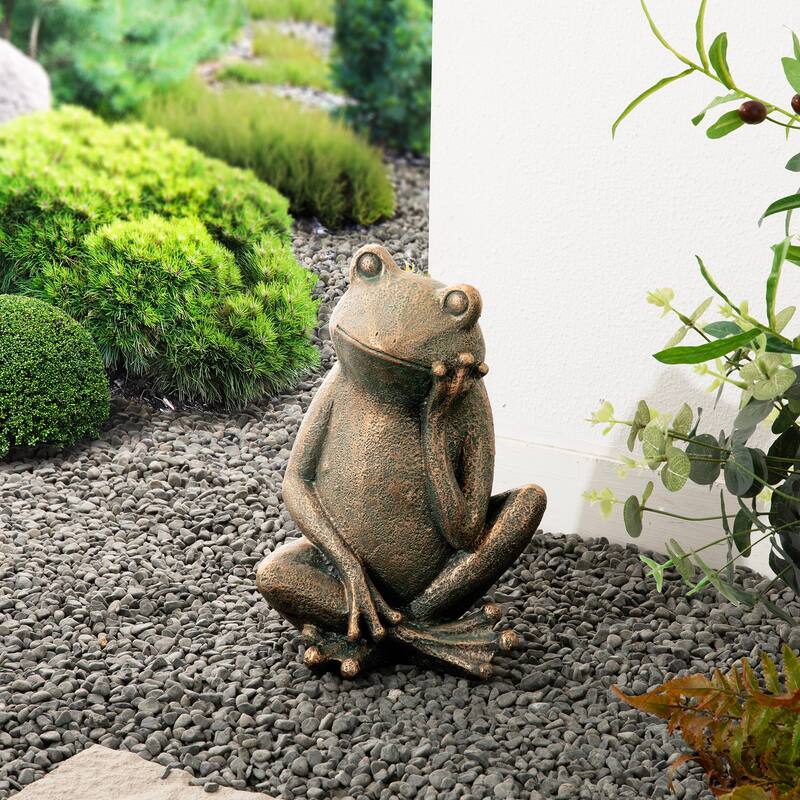 Glitzhome 12''H Resin Bronze Squatting Sitting Frog Statue