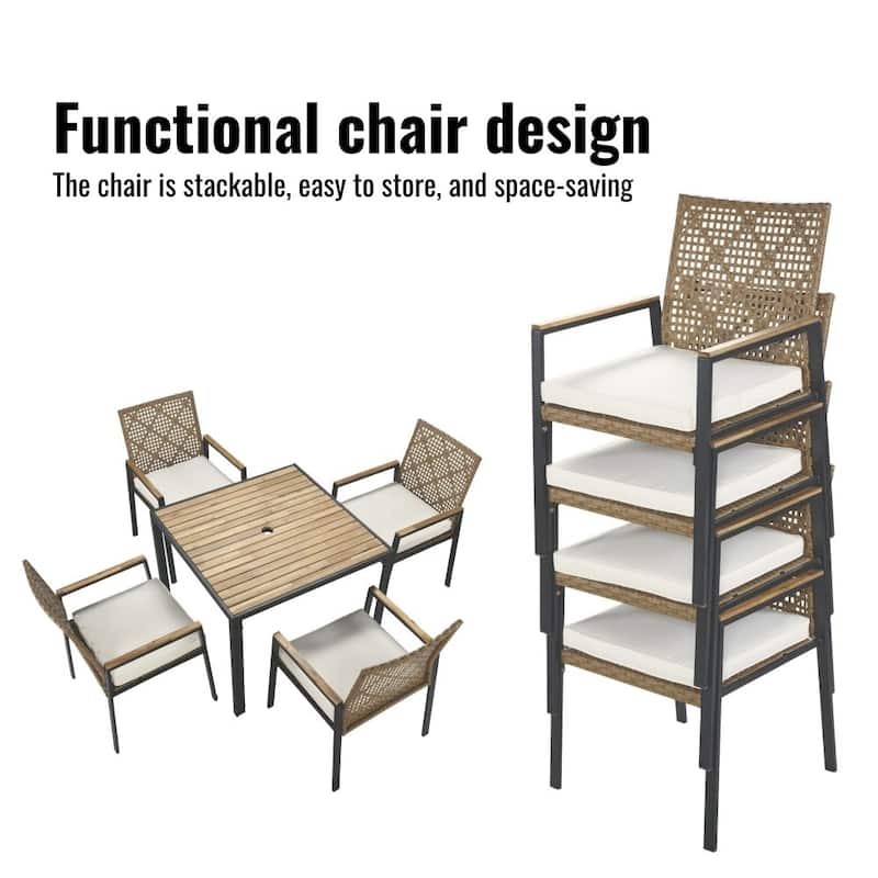 Outdoor All Weather Acacia Wood 5-piece Conversation Dining Set with Umbrella Hole