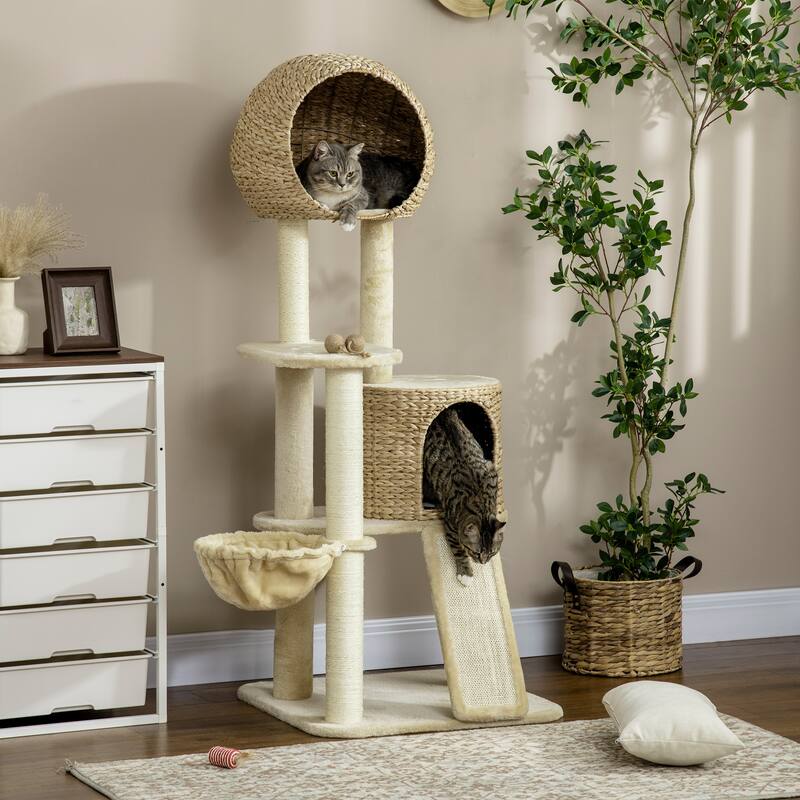 PawHut 59 Inch Cat Tree for Indoor Cats, Cat Tower with Cat Condo, Hammock, Perches, Scratching Posts, Ramp for Large Cats