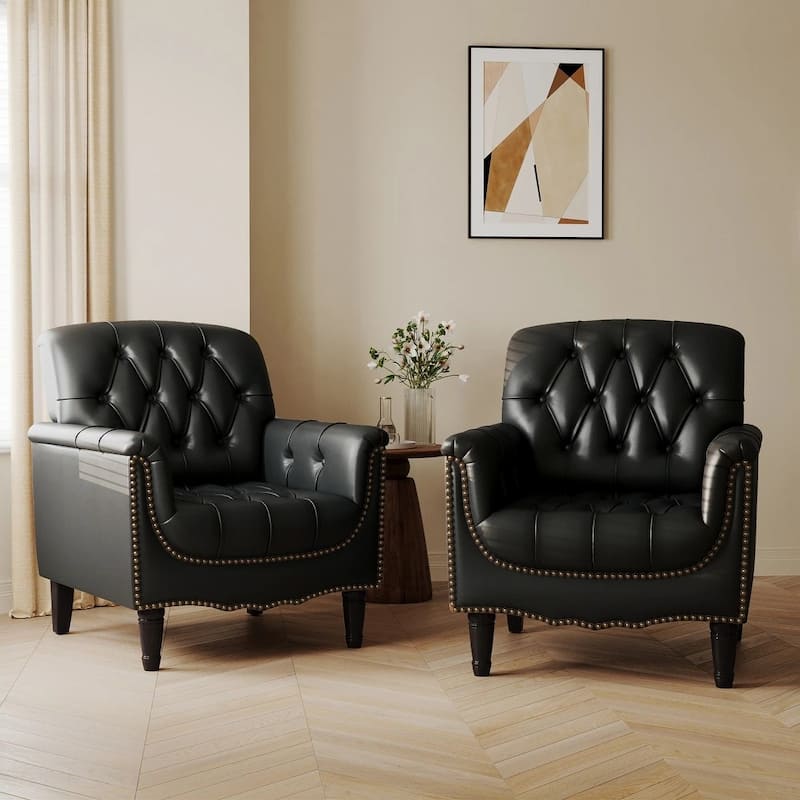 Traditional Faux Leather Tufted Accent Arm Chair with Nailhead Trim