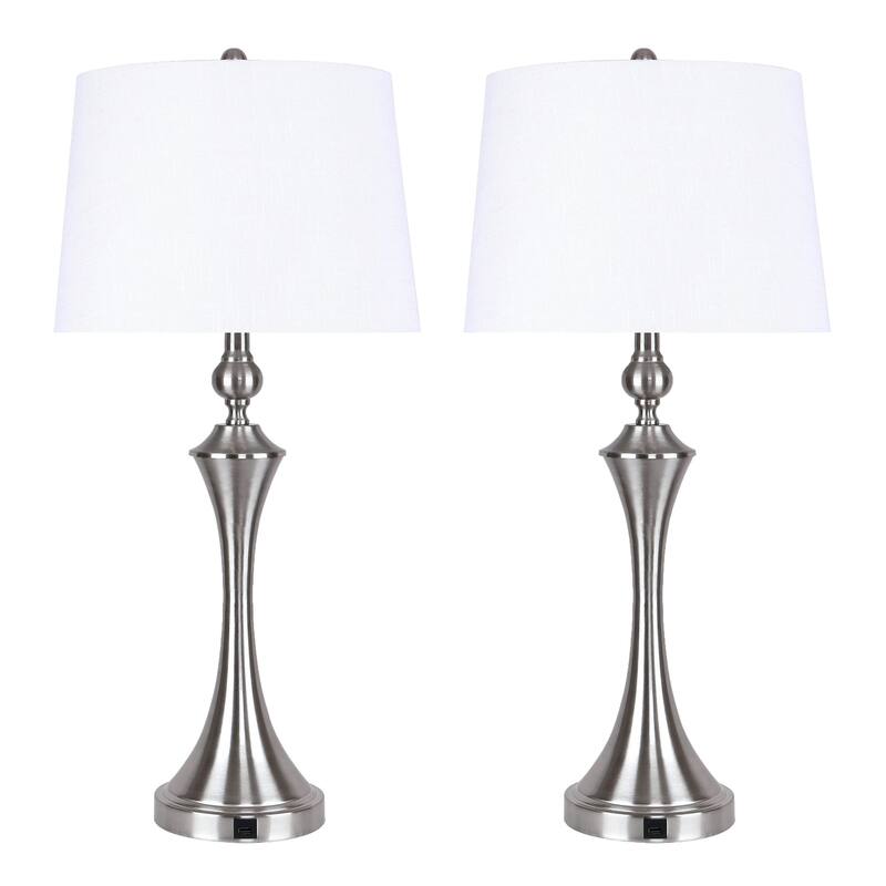 Flint 30.75" Metal Table Lamp with USB (Set of 2) - Brushed Nickel/White Textured Linen Shade