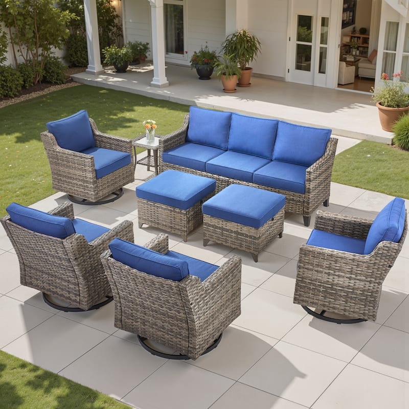 Pocassy Outdoor Patio Furniture Wicker Sofa Swivel Chair Set - Grey Wicker Blue Cushion - 8 Pieces Sofa Swivel Chair Table with Ottoman