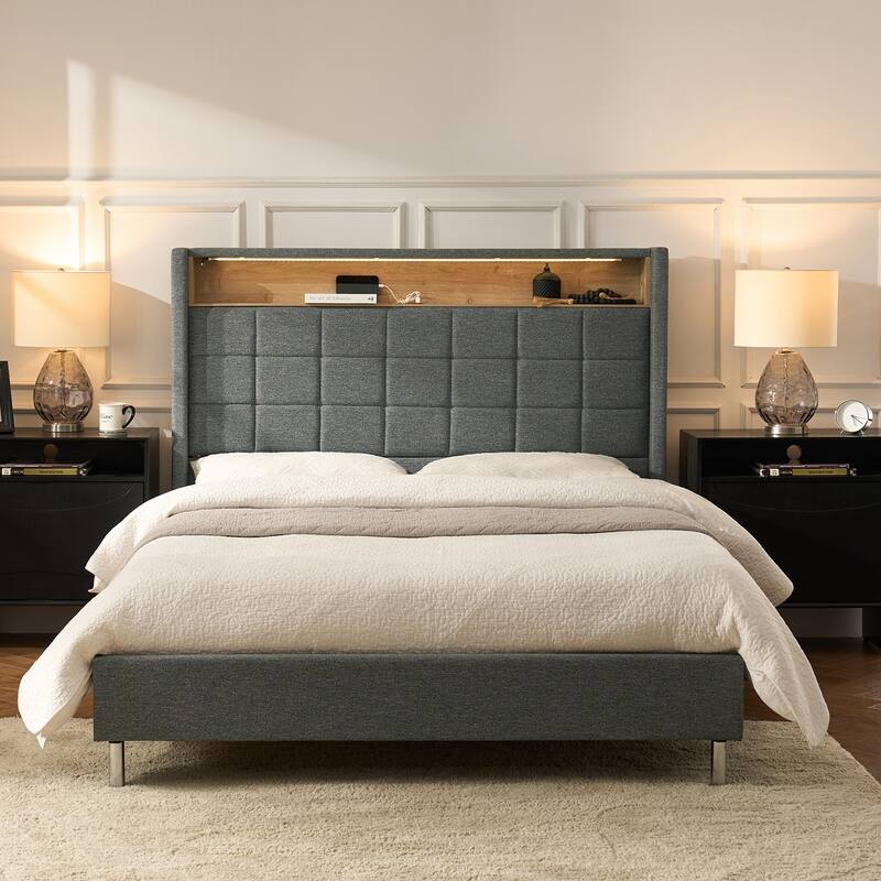 Celia Modern 61.5" Geometric Pattern Bed with Storage Headboard and Warm Night Light by HULALA HOME - Dark Grey - King