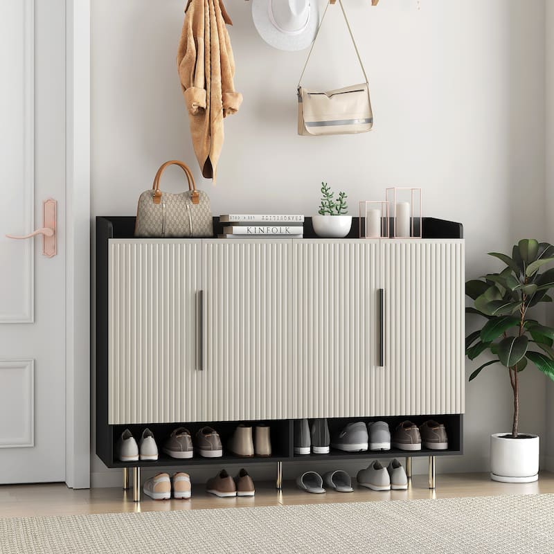 Stripe Accent Cabinet with Top Display Shelf, Entryway Shoe Cabinet with Adjustable Shelves, 4-Layer Storage Cabinet