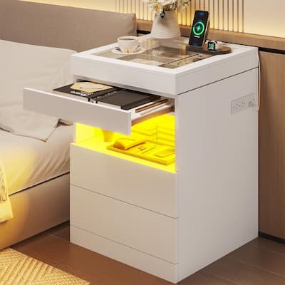 LED Nightstand Glass Top Sliding Top & Jewelry Tray 2 Drawers