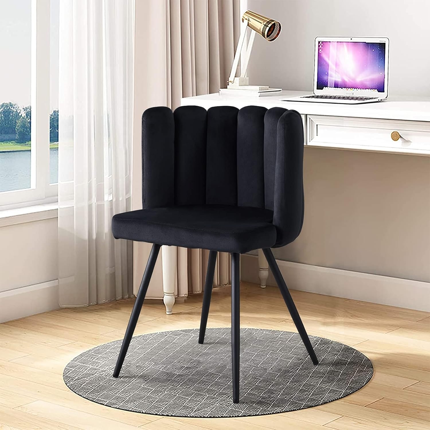 Modern Velvet Accent Chair with Shell Backrest, Black Metal Legs, Comfortable Padded Seat for Living Room