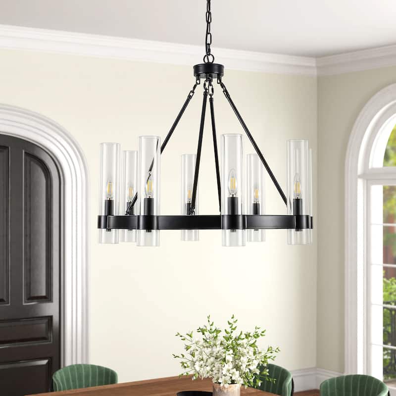 8-Light Industrial Wagon Wheel Chandelier with Glass