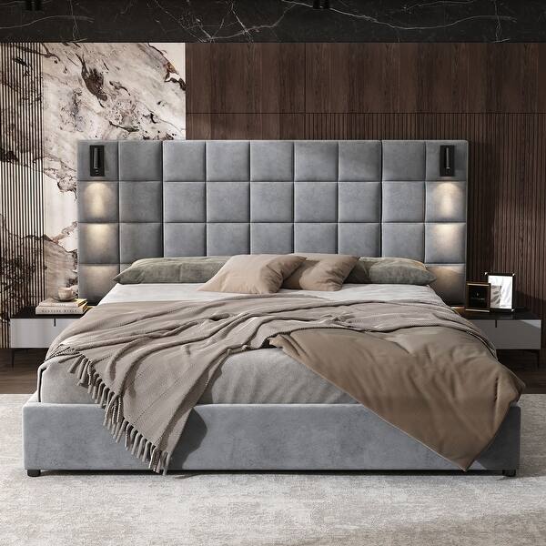 Svens Modern Upholstered Velvet Platform Bedframe & Headboard with Lamps and USB Ports, Grey