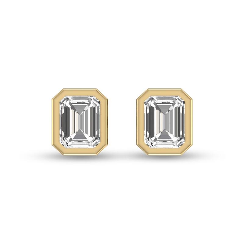 Marquee Lab Grown 3/4 Carat Emerald Bezel Set Diamond Solitaire Earrings in 14K Yellow Gold