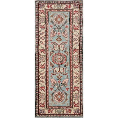 Light Blue Traditional Kazak Runner Rug Handmade Hallway Wool Carpet - 2'1" x 5'9"