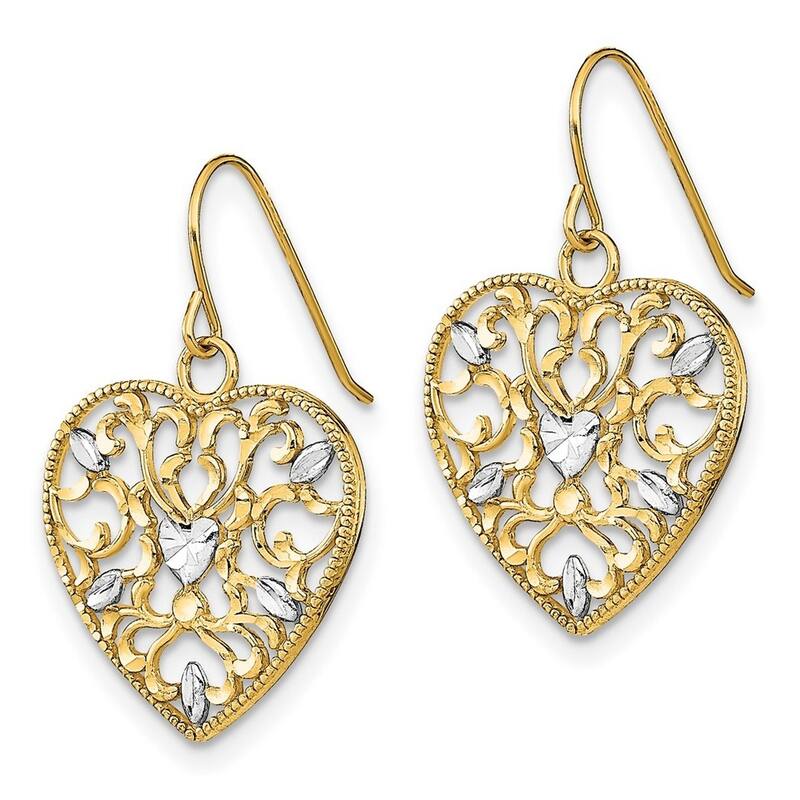 Curata 10k Yellow Gold Rhodium Filigree Cut out Love Heart Wire Earrings - 24.93x15.43mm