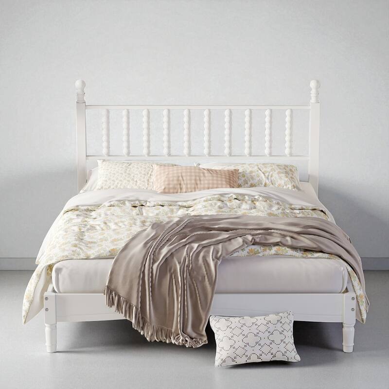 Queen Size Retro Wood Platform Bed with Gourd Shaped Headboard and Wooden Slats