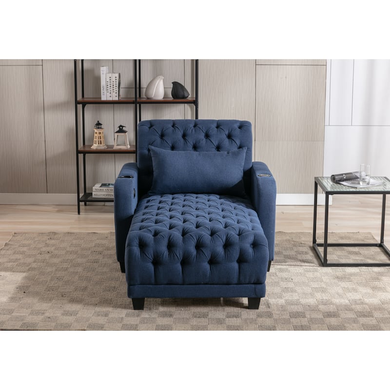 Linen Upholstered Multifunctional Tufted Wireless Charging Leisure Sleeper Armchair with 2 Cup Holders - Navy