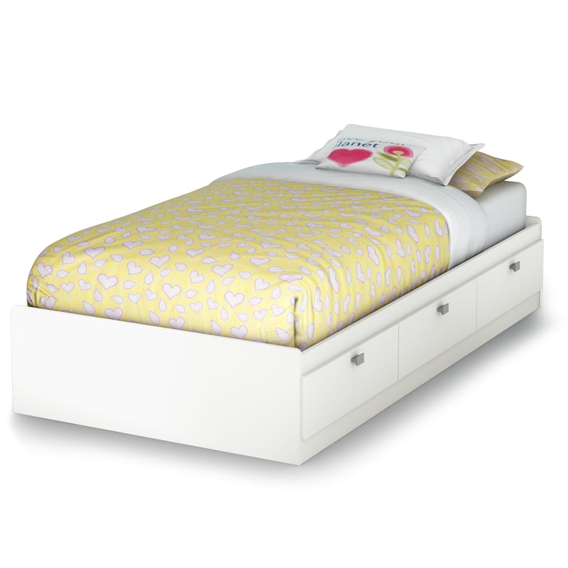 Modern Twin Bed with Drawers - Minimalism Style Platform Bed, White Finish, 39 Inch, Engineered Wood