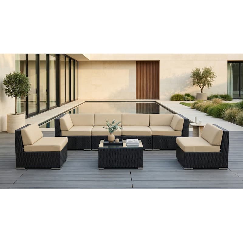 Ohana Outdoor 7-pc. Cushioned Black Wicker Conversation Set - No Assembly - Sunbrella Antique Beige