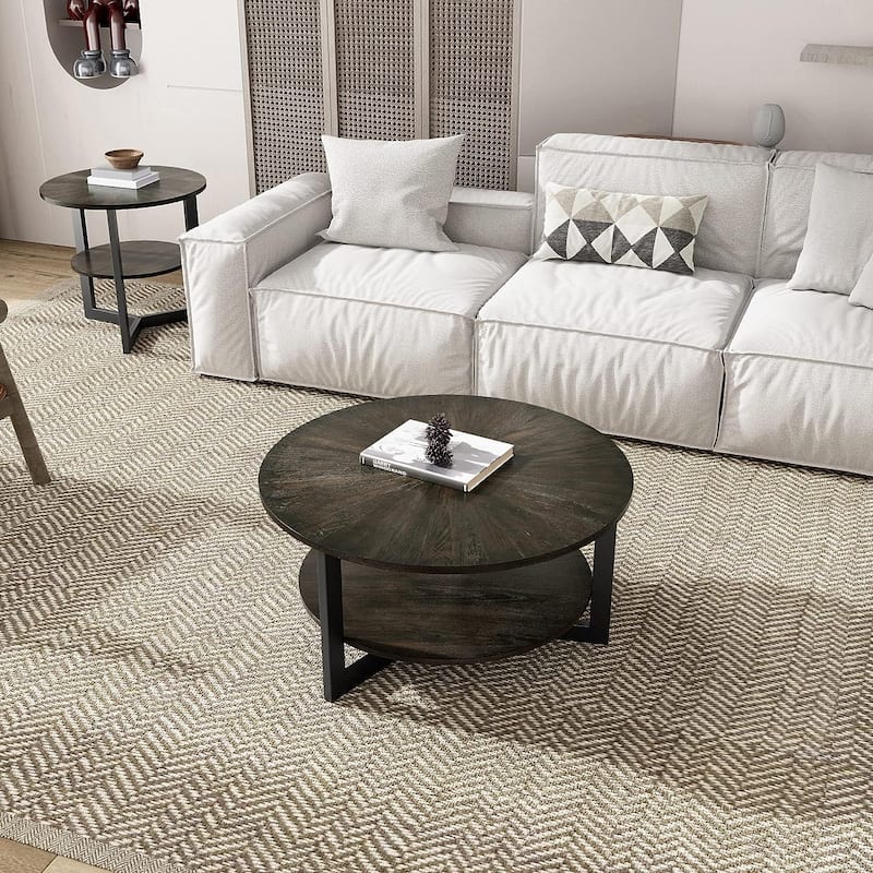 Round Coffee Table with Solid Wood Storage Circle Center Table