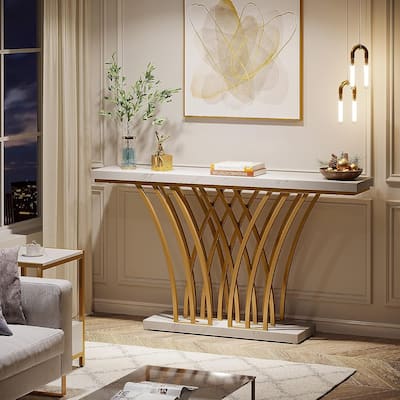 59 Inches Console Table,Gold and White Faux Marble Entryway Table