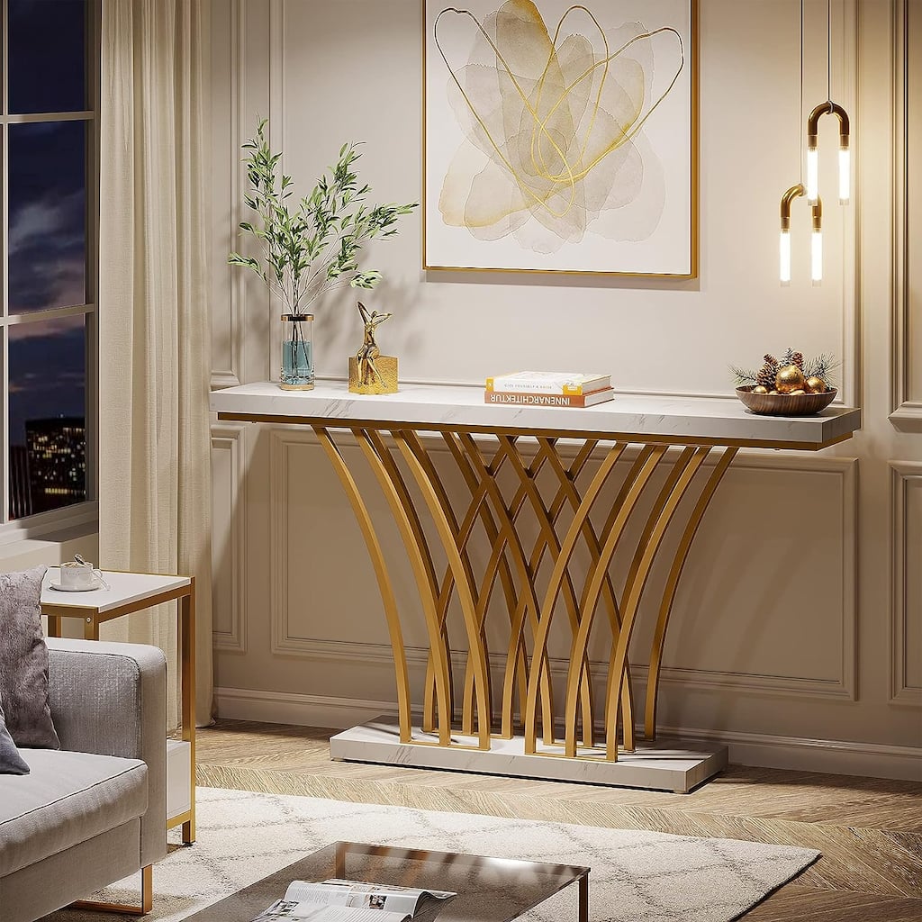 59 Inches Console Table,Gold and White Faux Marble Entryway Table