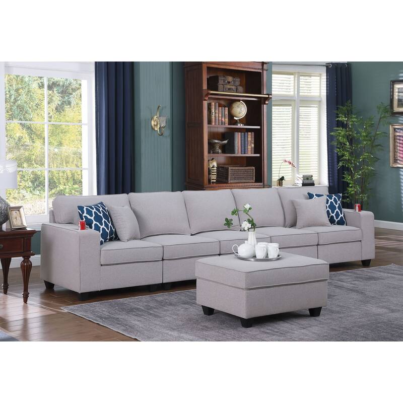 Linen Upholstered 5-Seater Sofa with Ottoman in Light Gray - Light Gray/Brown