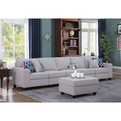 Linen Upholstered 5-Seater Sofa with Ottoman in Light Gray