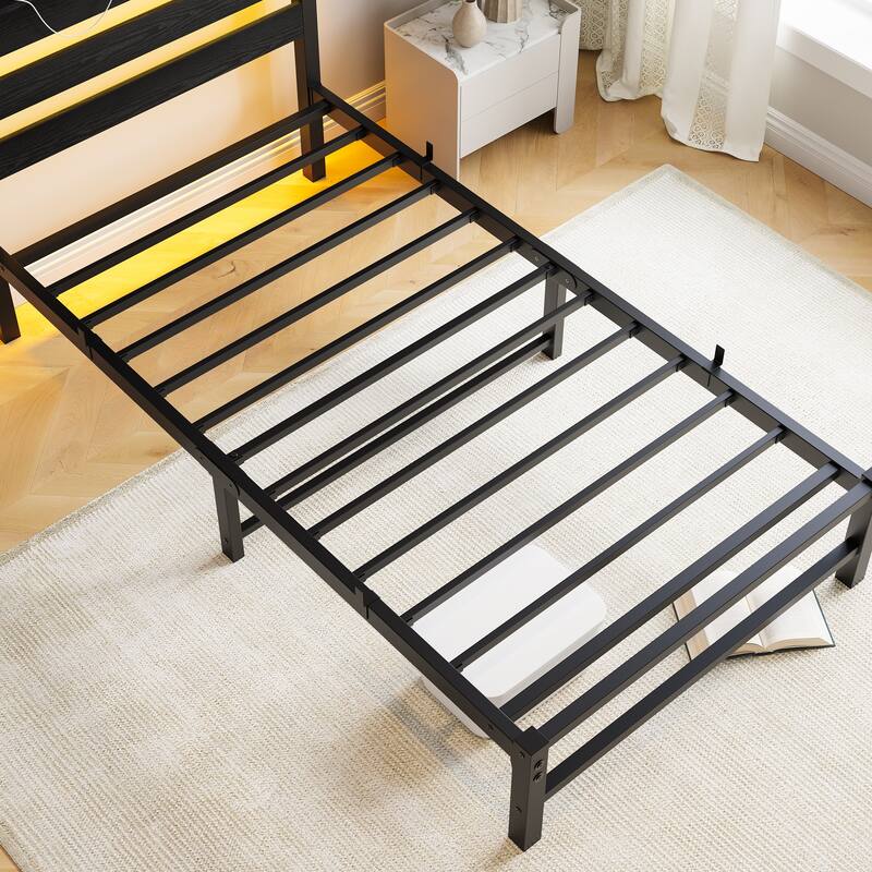 Black Twin Size Metal Bed with Wooden Headboard, RGB Lights, and Storage Shelf