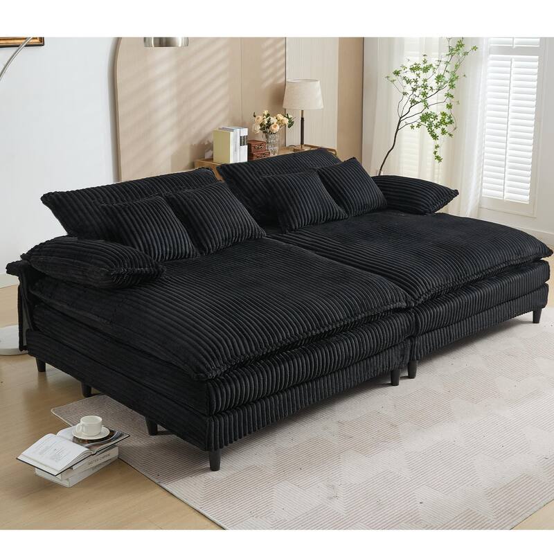 109" W Oversized Corduroy Lounge Chaise Sleeper Sofa 4 Pillows