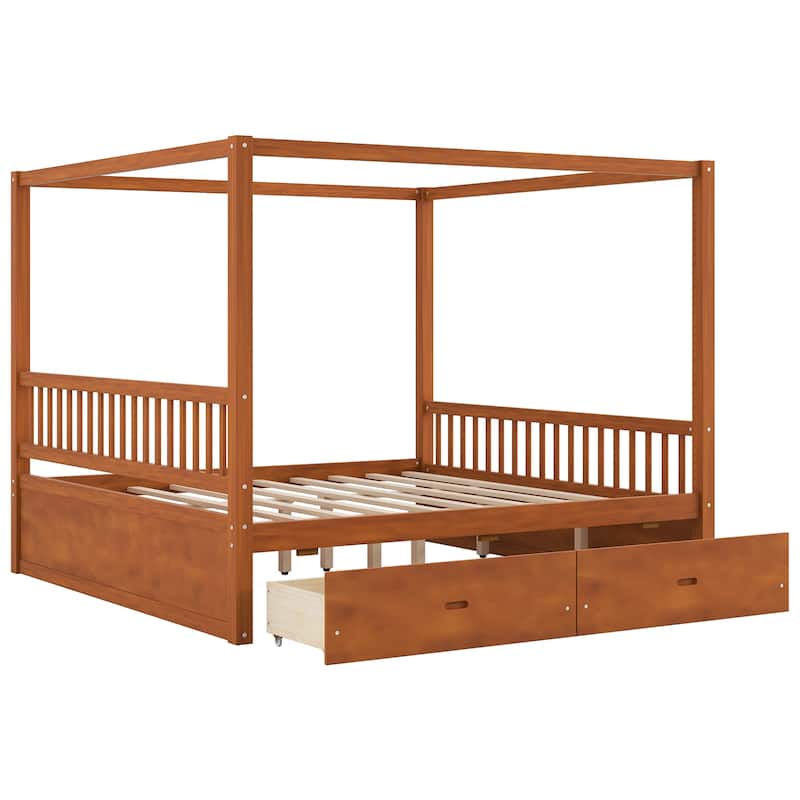 GDFStudio - Modern Wooden Canopy Bed with Storage Drawers