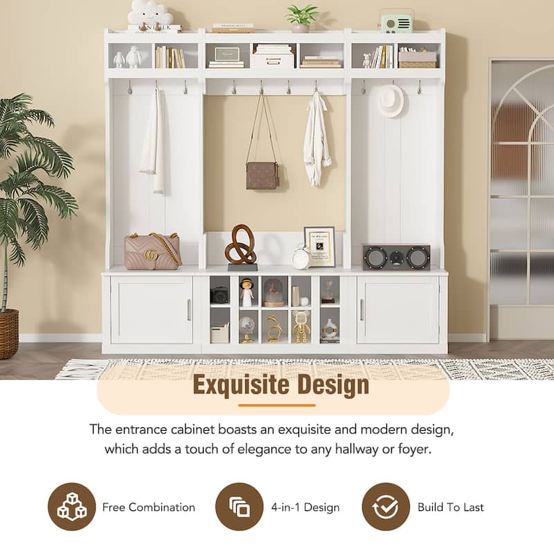 Wide Design Hall Tree with Storage and Bench, 4-IN-1 Multi-functional Entryway Bench with Coat Rack and Shoe Cubbies