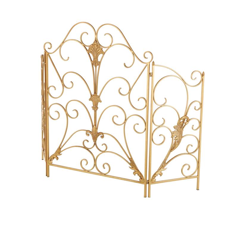 Metal Scroll Foldable 3 Panel Fireplace Screen with Fleur De Lis Accents - Gold - Roche River Decor